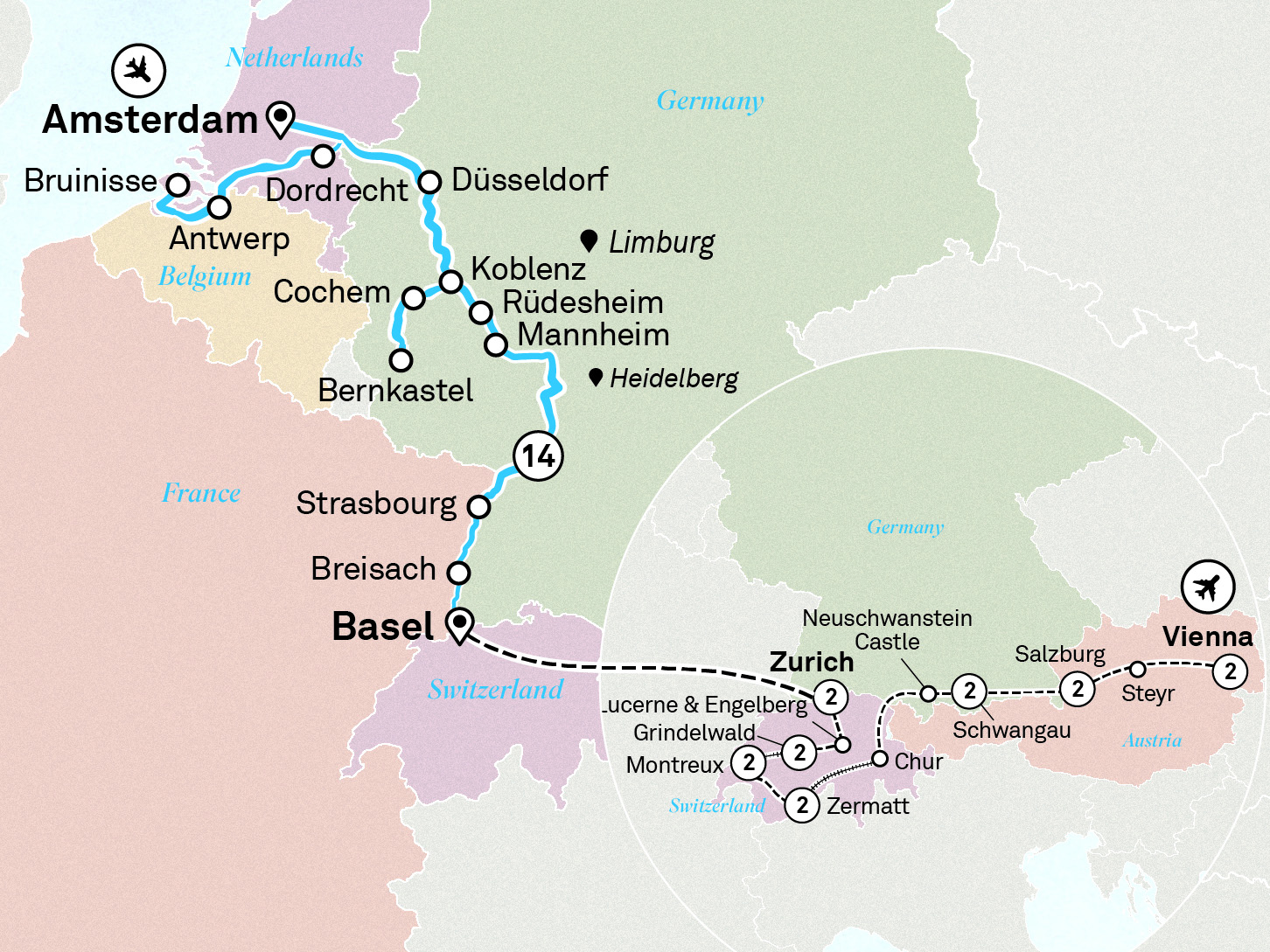 Romantic Rhine & Moselle with Wonders of Switzerland & Austria Itinerary Map