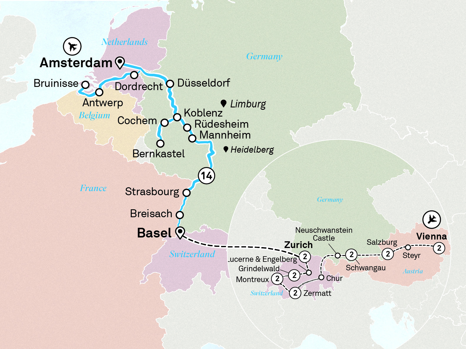 Romantic Rhine & Moselle with Wonders of Switzerland & Austria Itinerary Map
