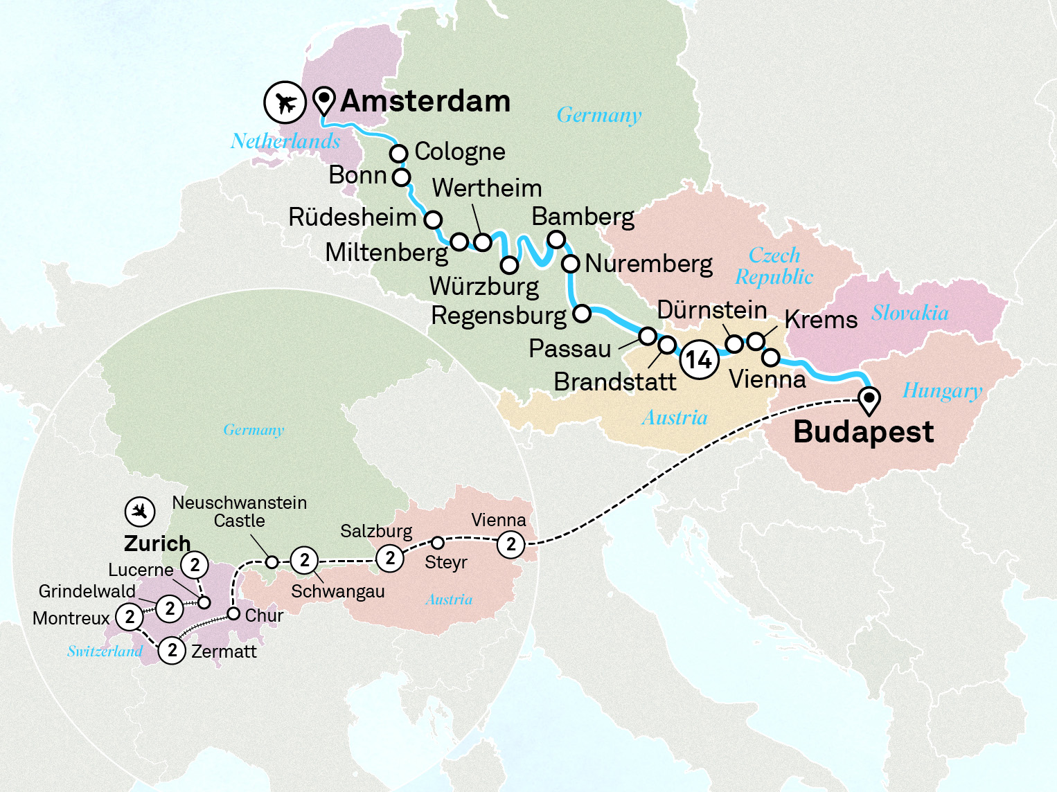 Jewels of Europe with Wonders of Switzerland & Austria Itinerary Map