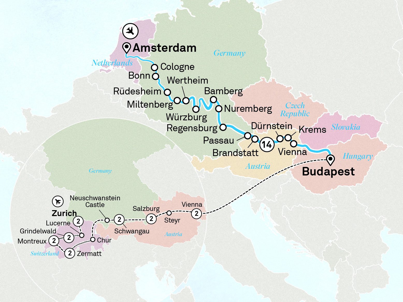 Jewels of Europe with Wonders of Switzerland & Austria Itinerary Map