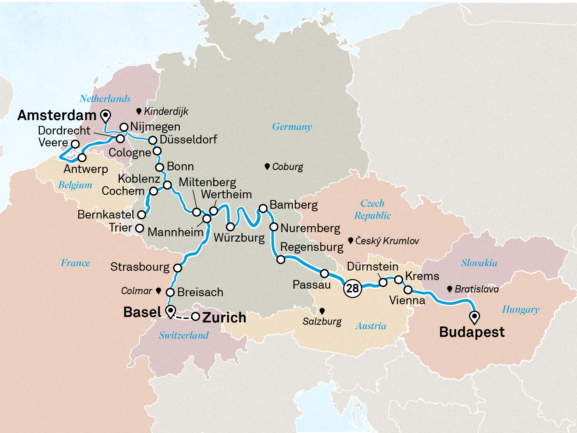 Jewels of Europe & Romantic Rhine & Moselle Itinerary Map