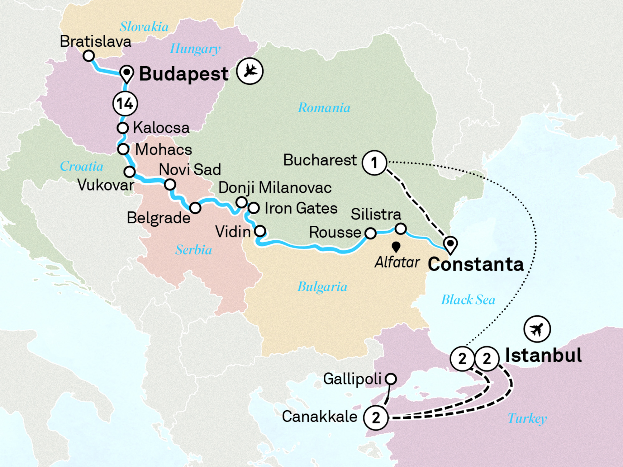 Lower Danube Discovery with Turkey Itinerary Map