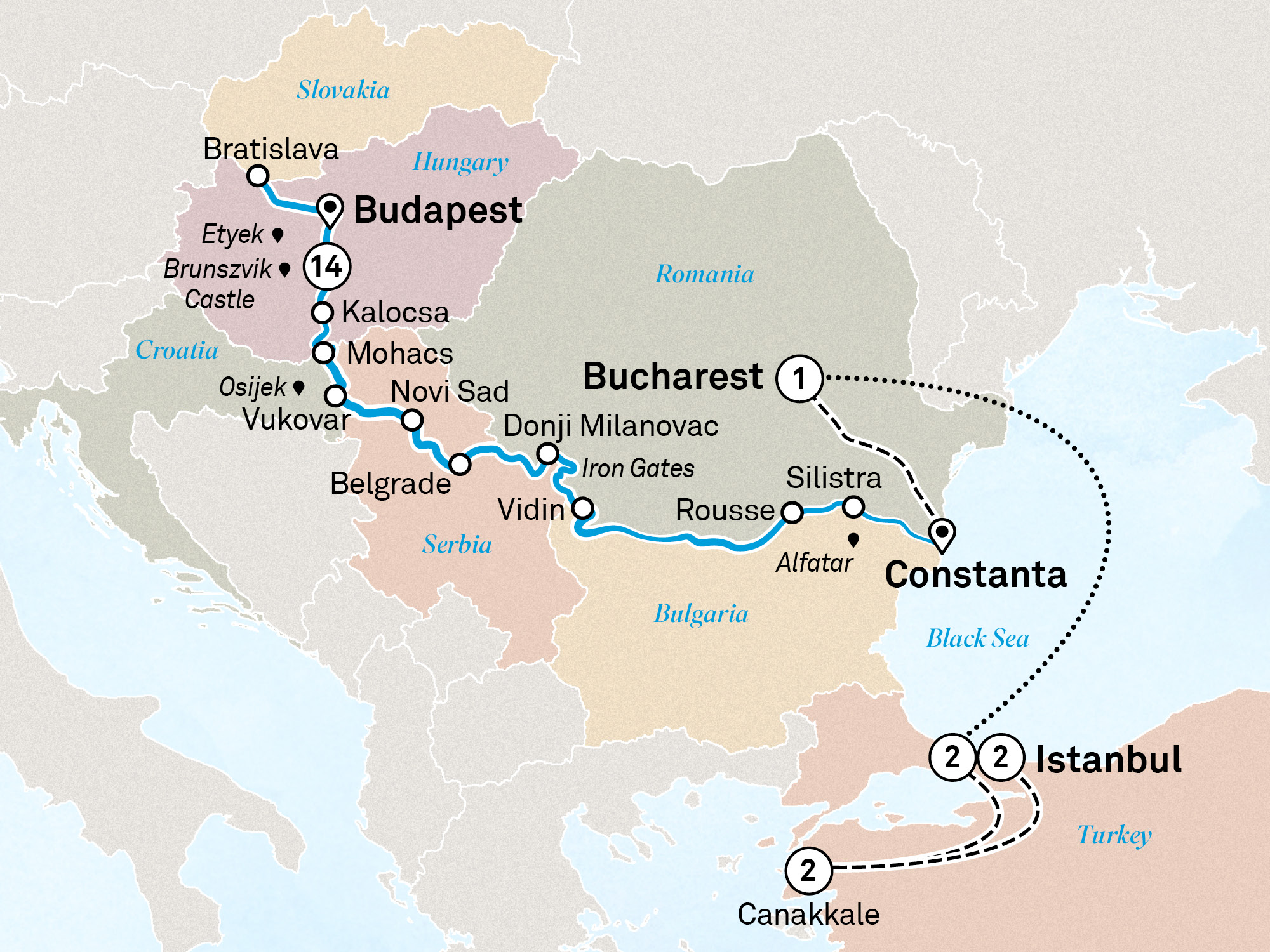 Lower Danube Discovery with Turkey Itinerary Map