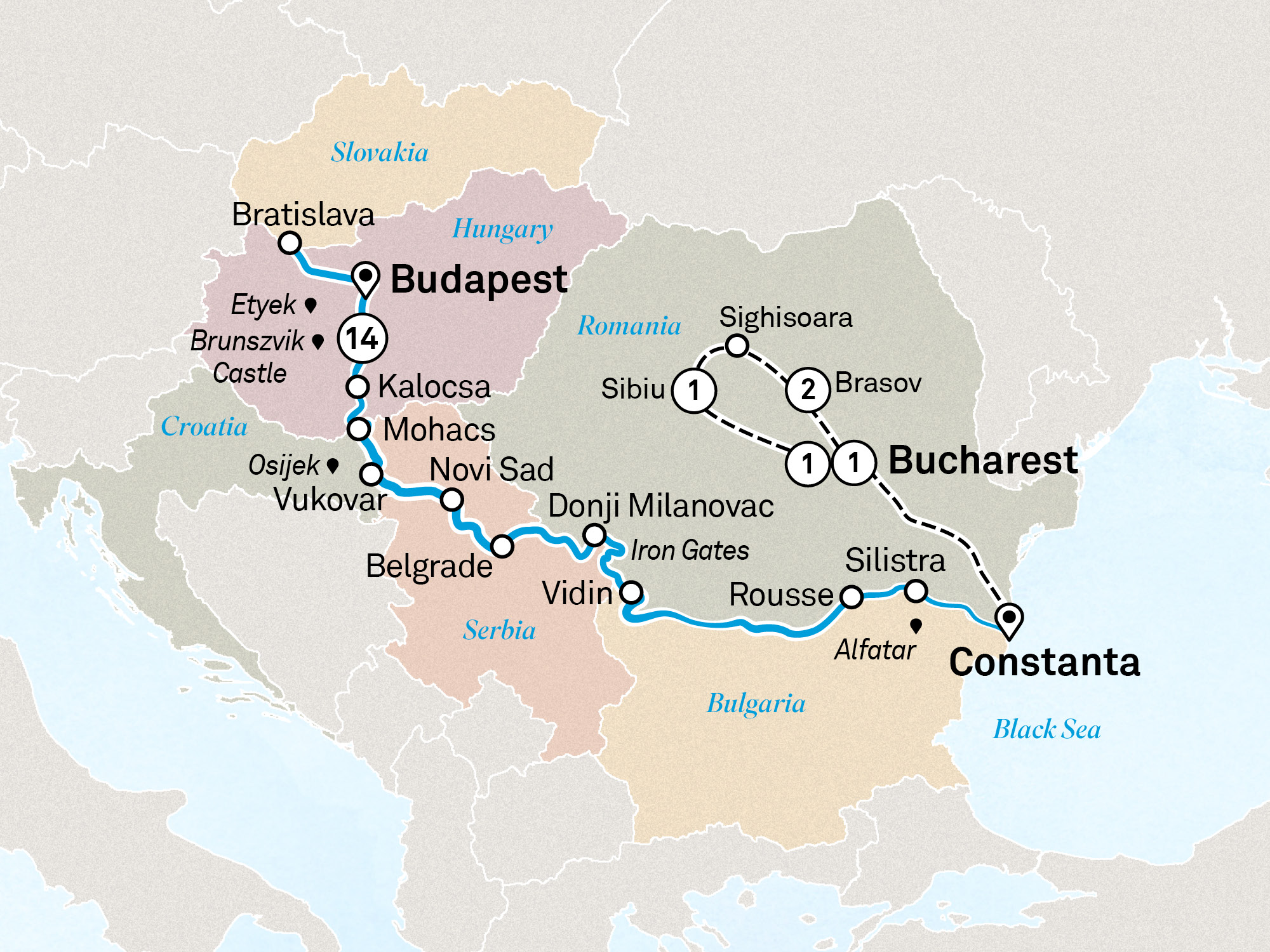 Lower Danube Discovery with Transylvania Itinerary Map
