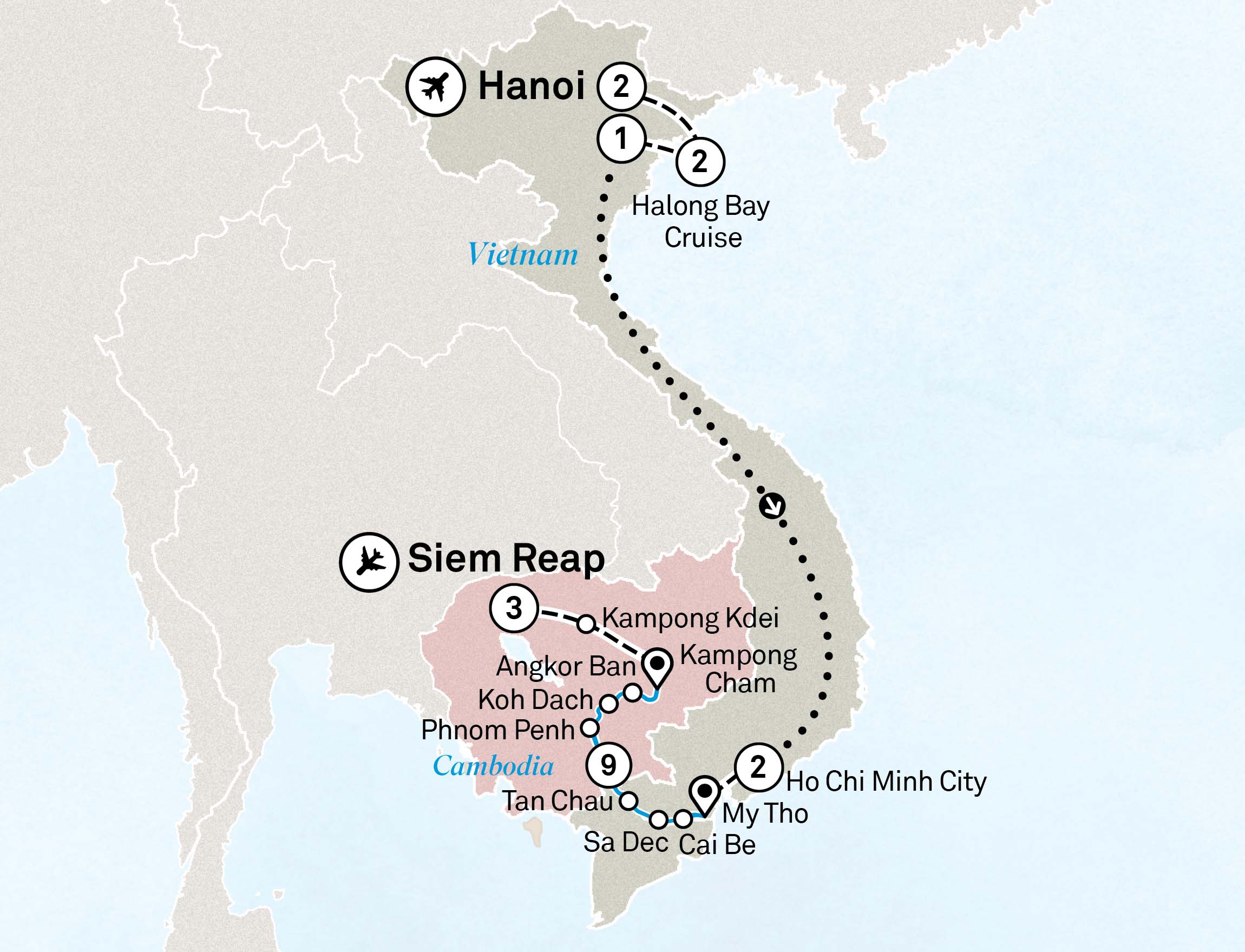Highlights of Vietnam, Cambodia & Luxury Mekong Itinerary Map