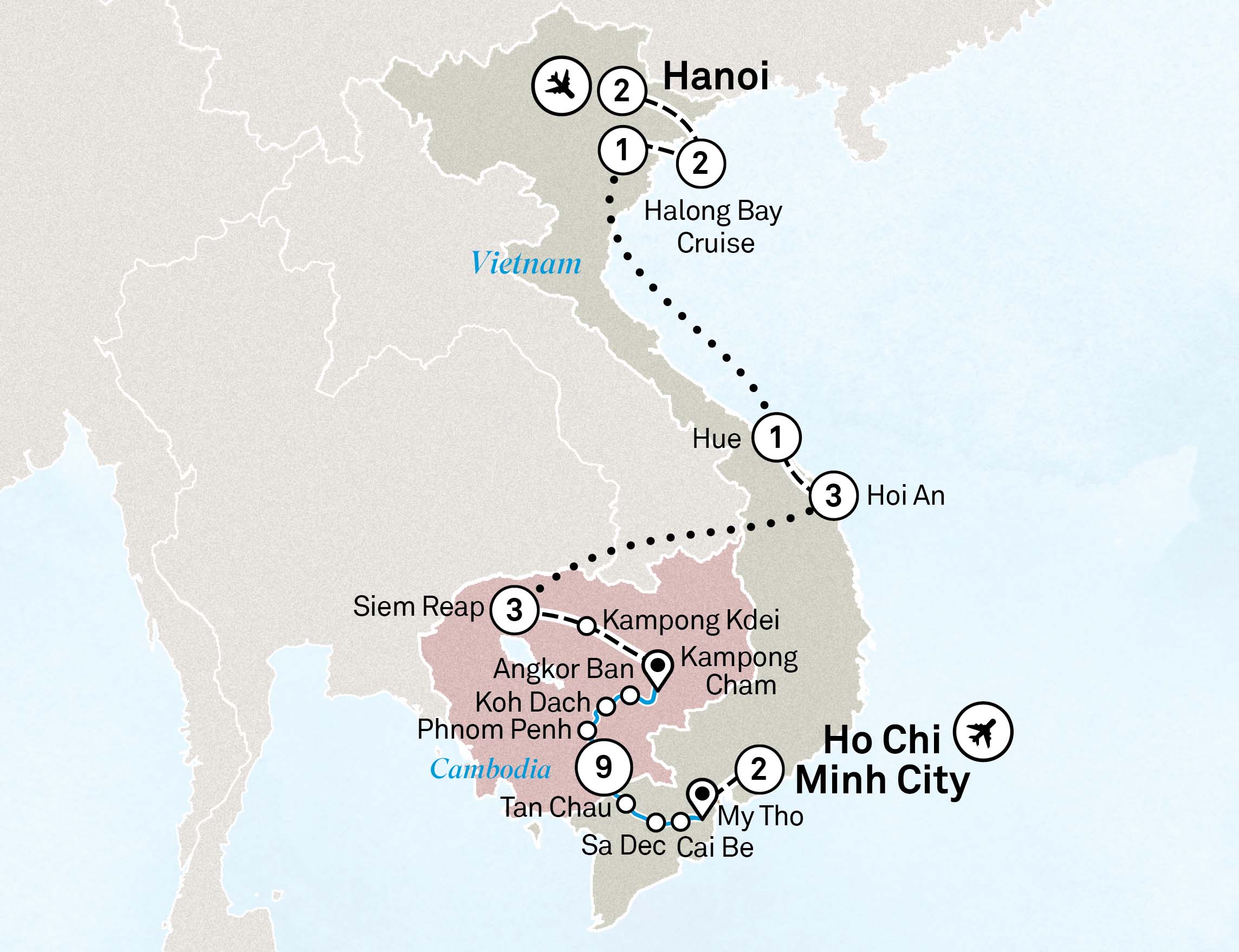 Essence of Cambodia, Vietnam & Luxury Mekong Itinerary Map