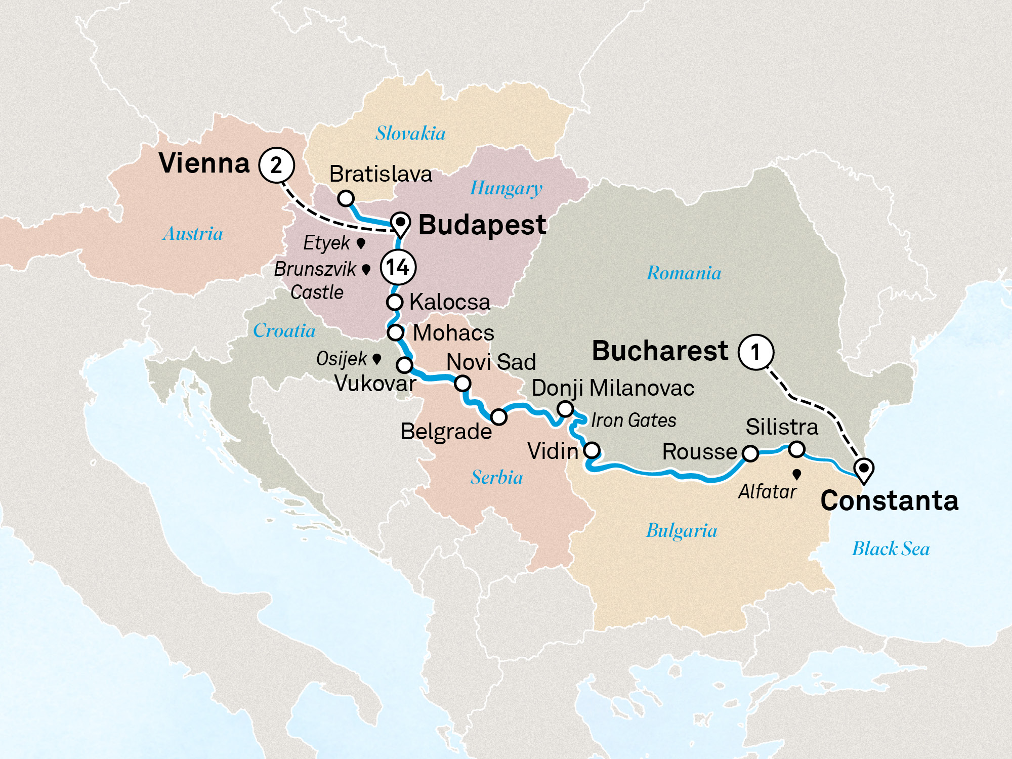 Lower Danube Discovery with Vienna Itinerary Map
