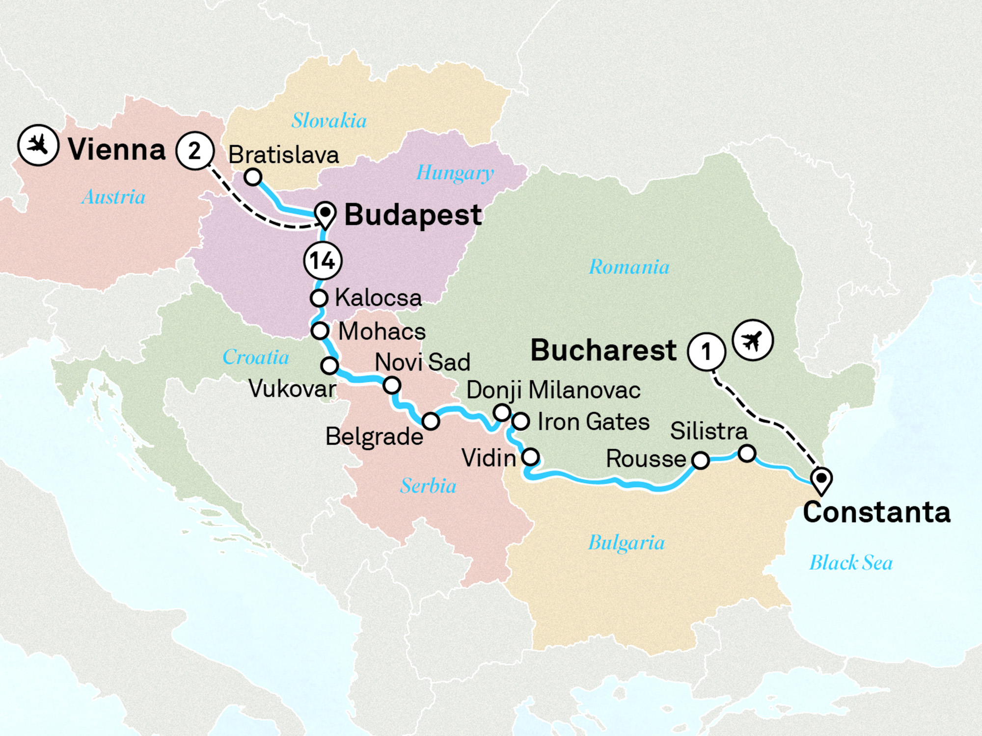 Lower Danube Discovery with Vienna Itinerary Map