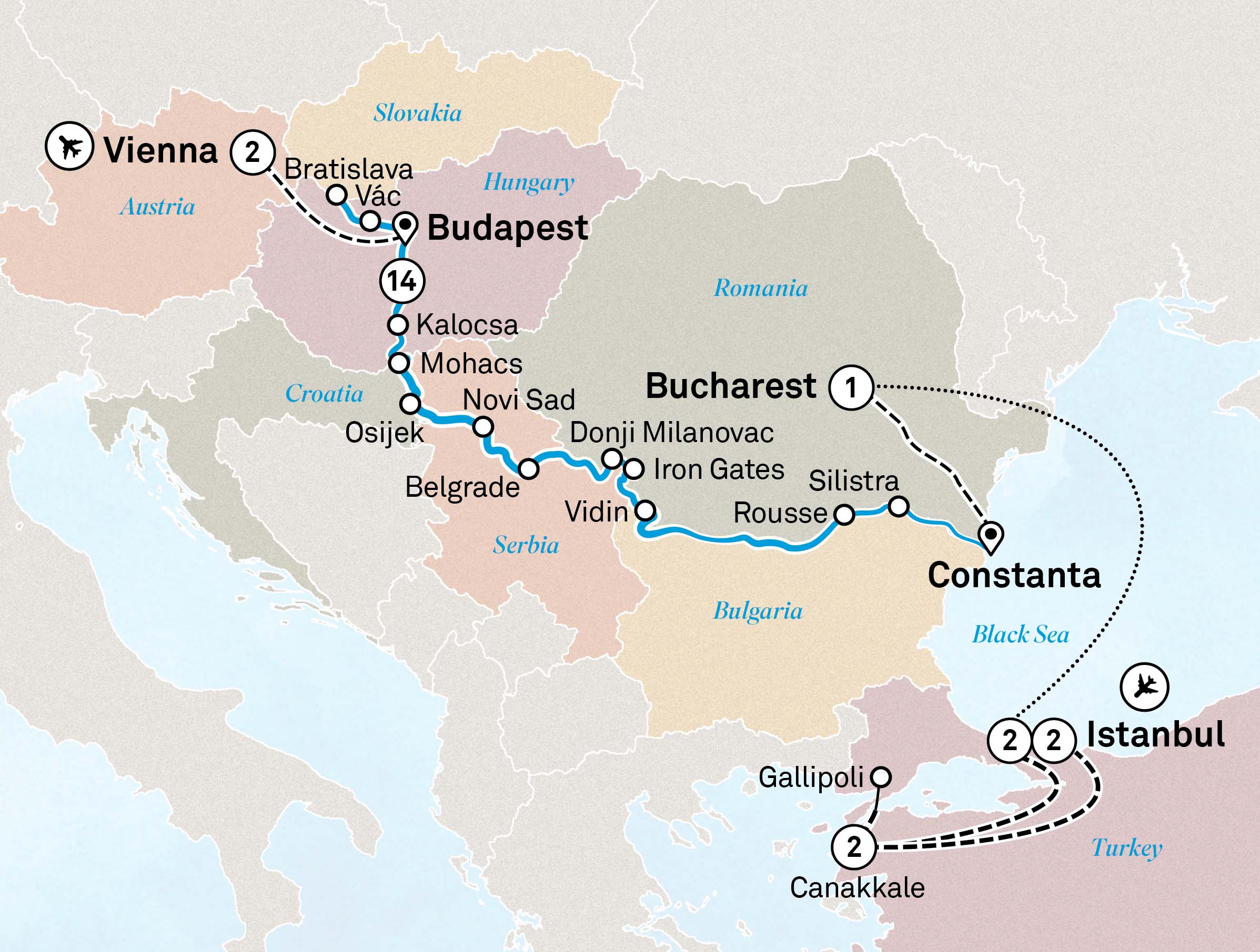 Lower Danube Discovery with Vienna & Istanbul Itinerary Map