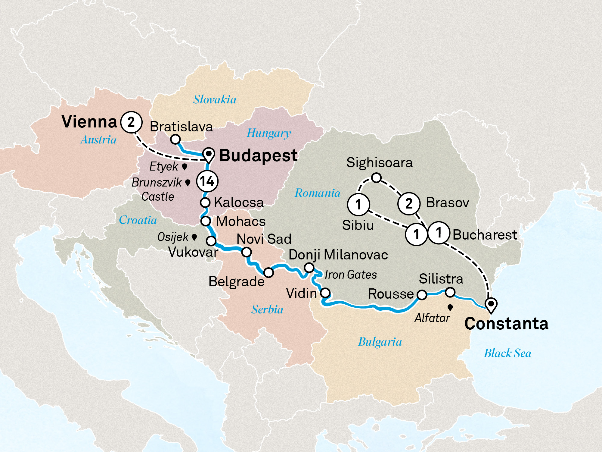 Lower Danube Discovery with Vienna & Transylvania Itinerary Map