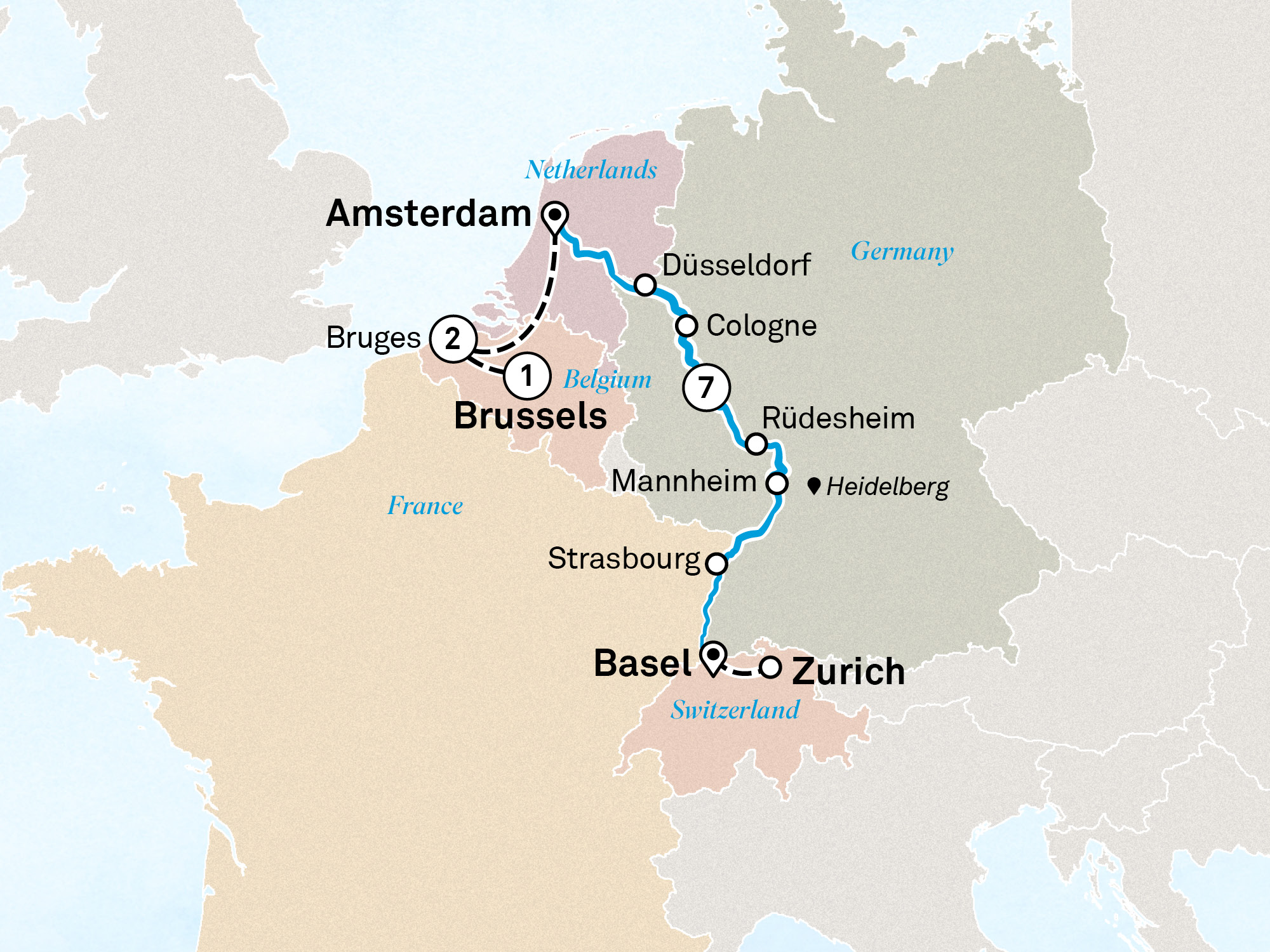 Rhine Christmas Markets with Bruges Itinerary Map