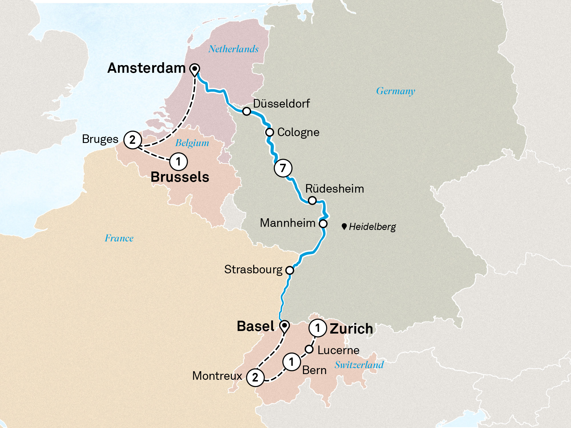 Rhine Christmas Markets with Bruges & Switzerland Itinerary Map