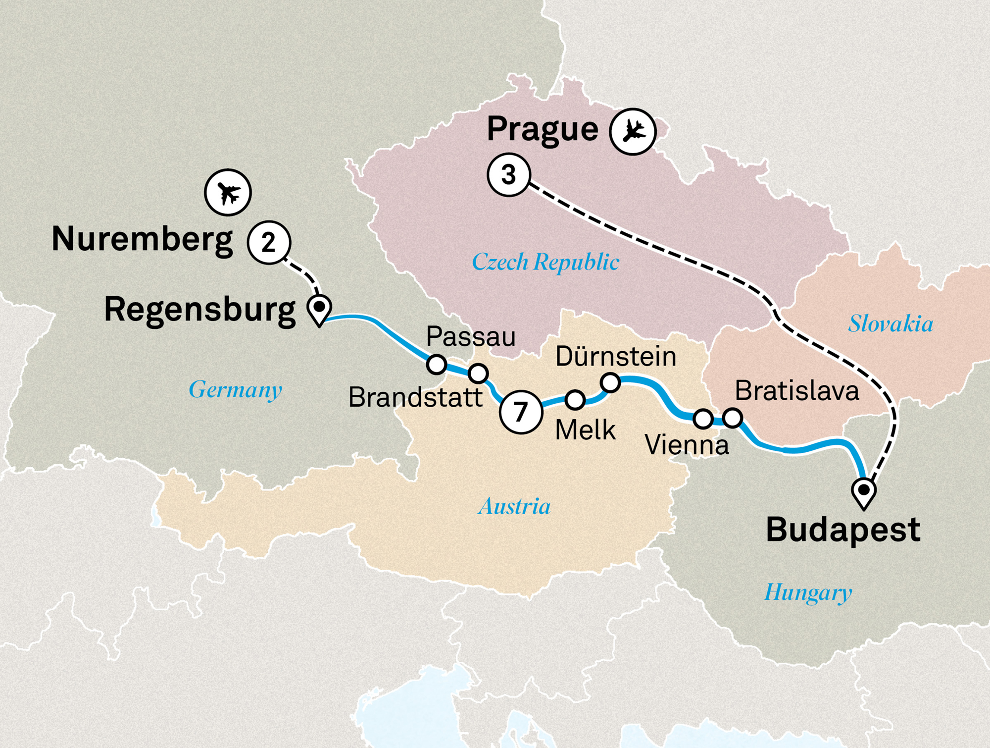 Danube Christmas Markets with Nuremberg & Prague Itinerary Map