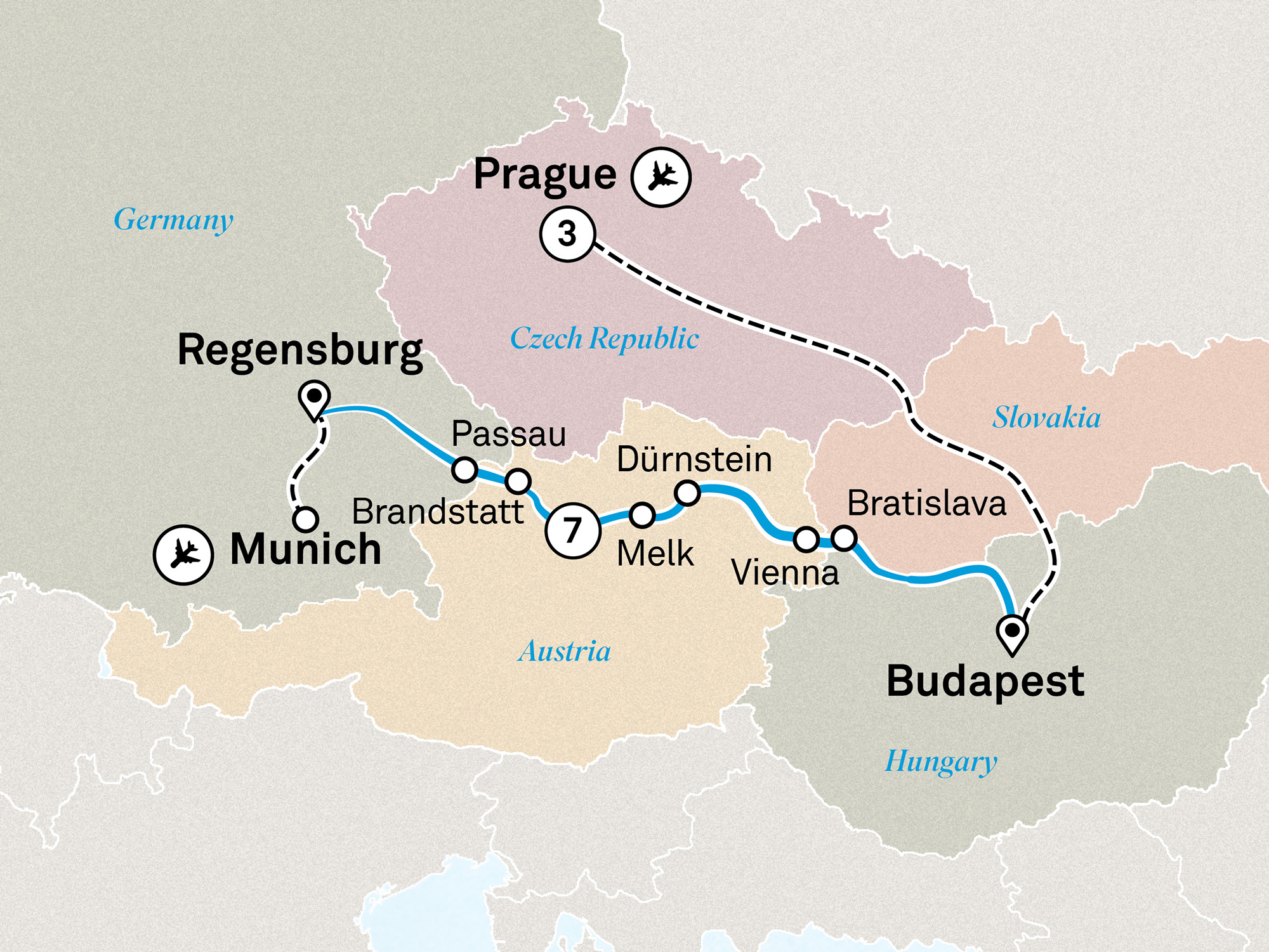 Danube Christmas Markets with Prague Itinerary Map